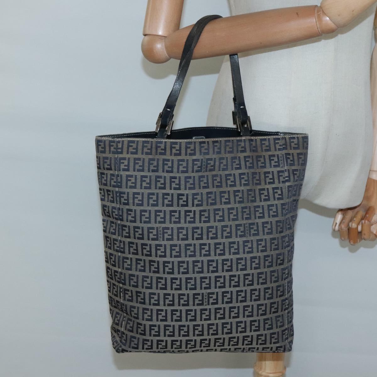 FENDI Zucchino Canvas Tote Bag Navy Silver Auth 126110