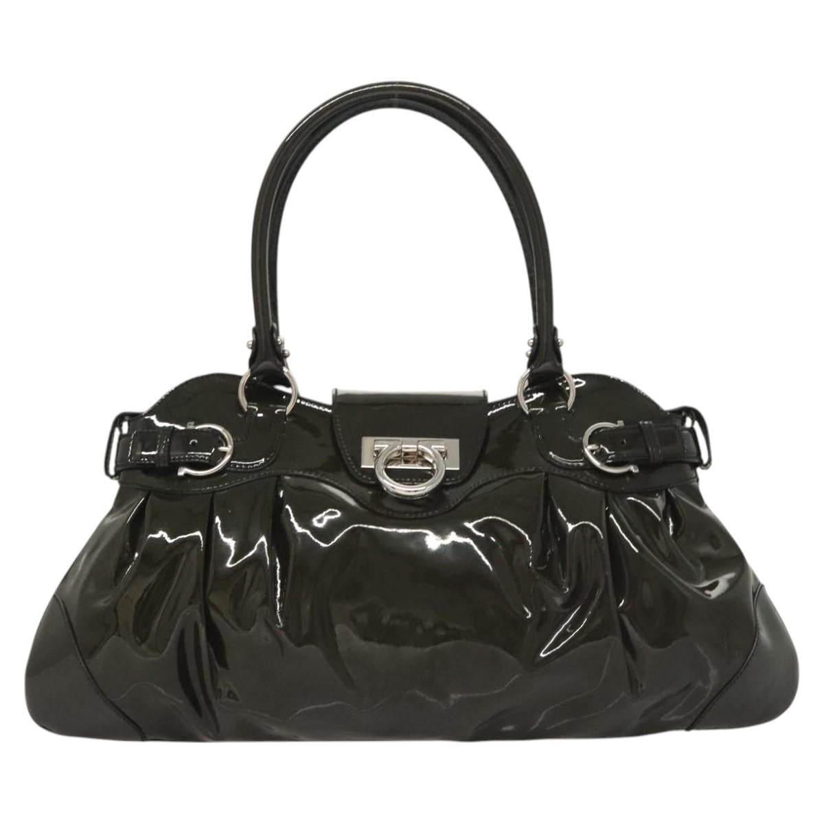Salvatore Ferragamo Gancini Hand Bag Enamel Green Silver Auth 126114