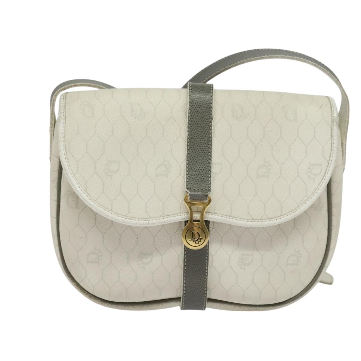 Christian Dior Honeycomb Canvas Shoulder Bag PVC White Gold Auth 126124