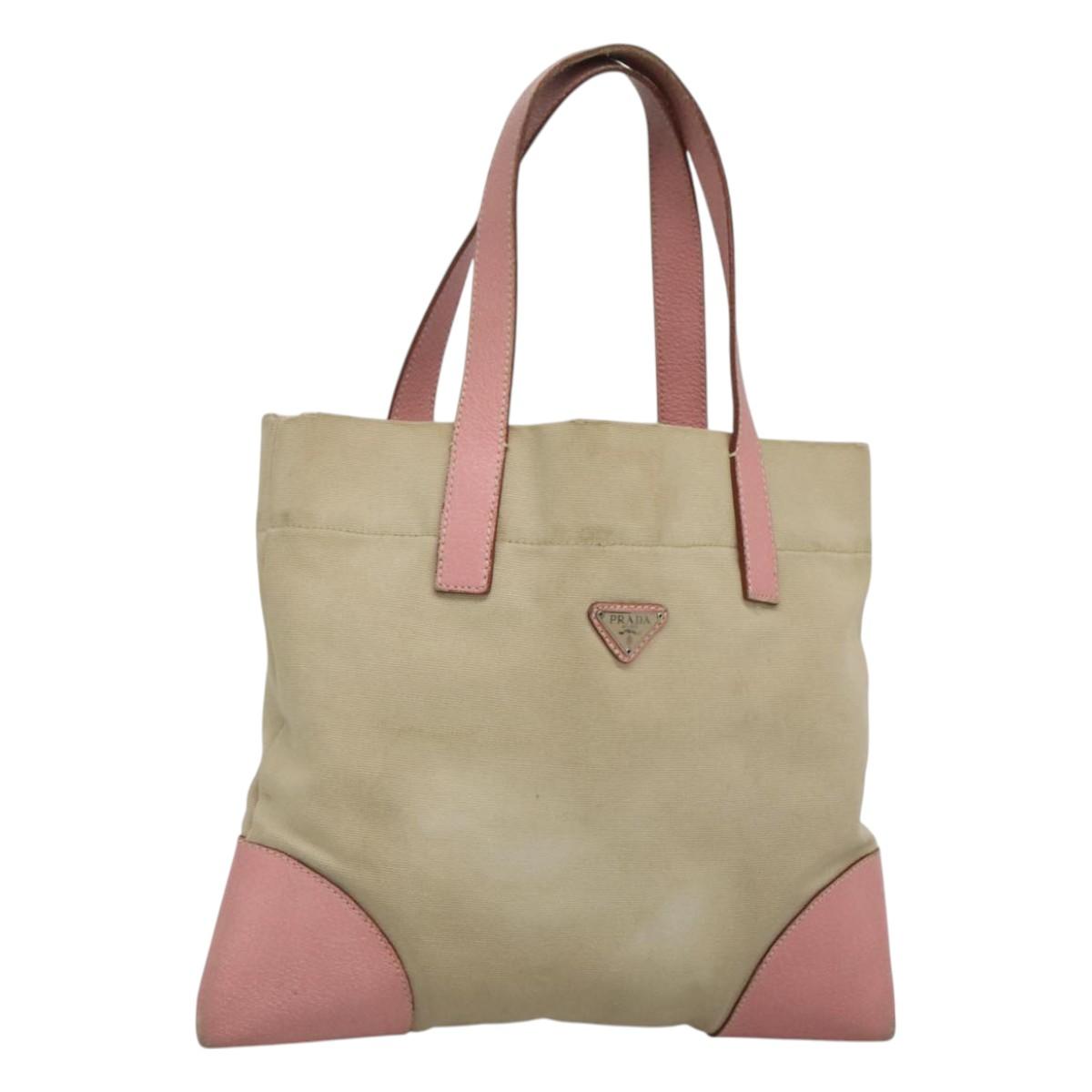 PRADA Tote Bag Canvas Beige Silver Auth 126135