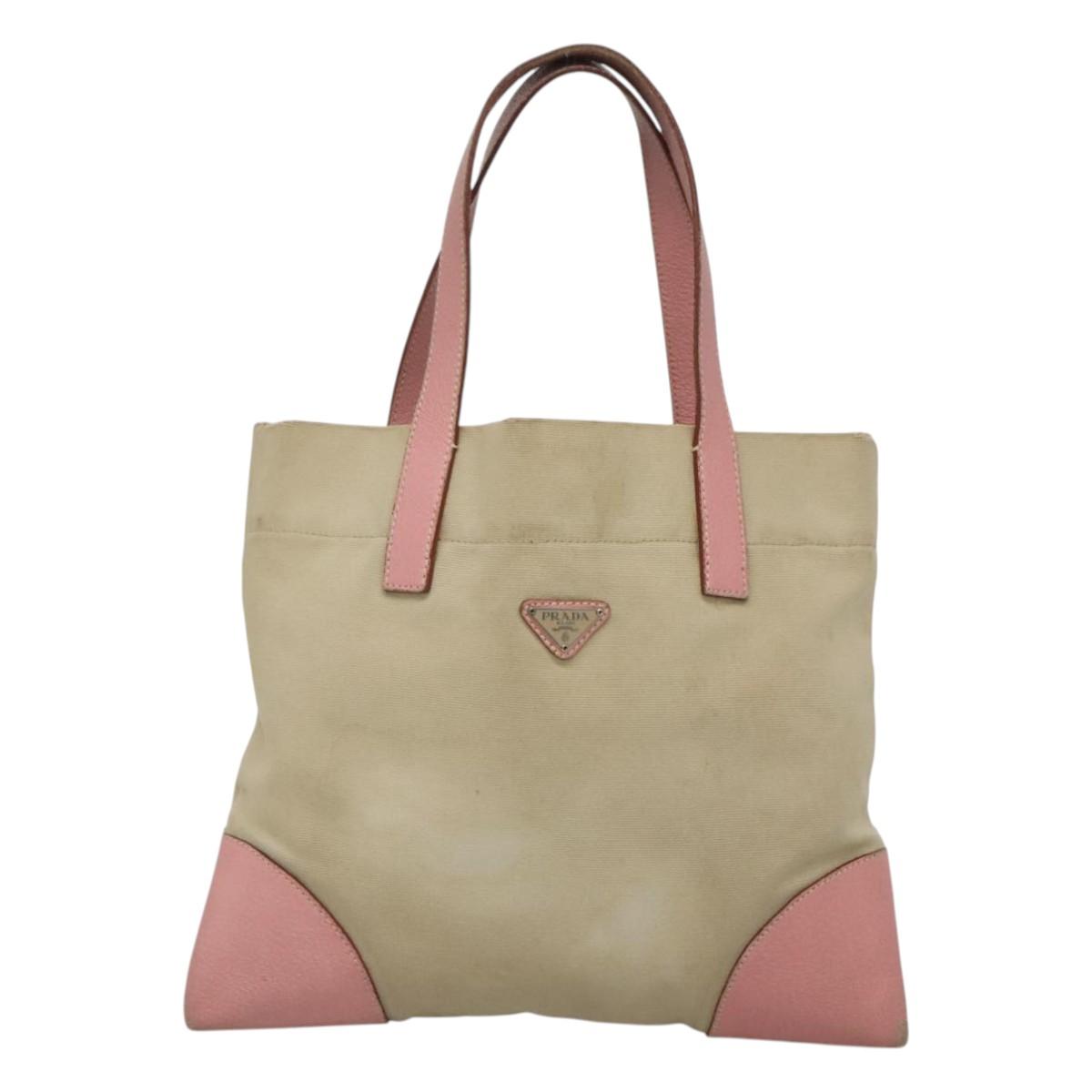 PRADA Tote Bag Canvas Beige Silver Auth 126135