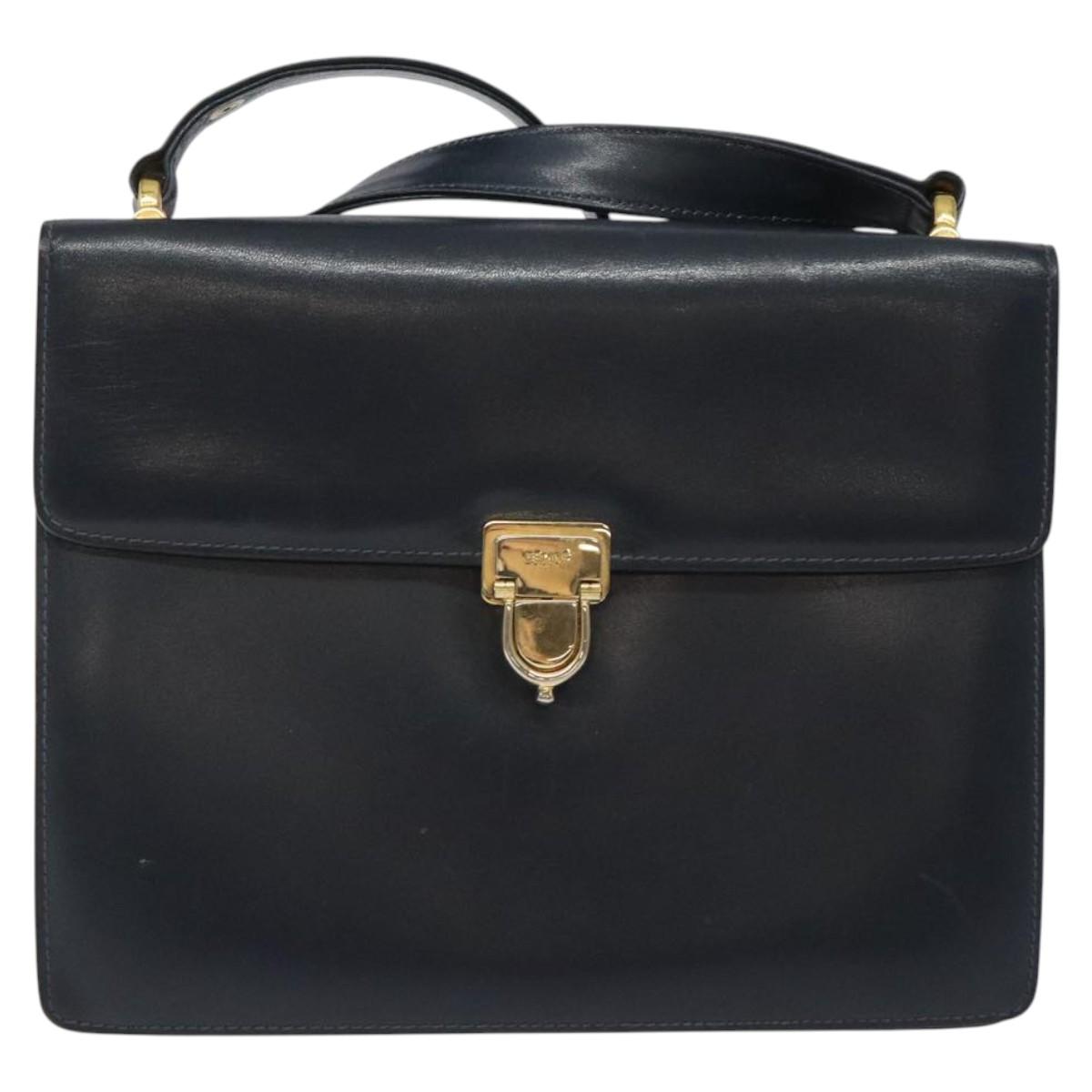 CELINE Shoulder Bag Leather Navy Gold Auth 126159