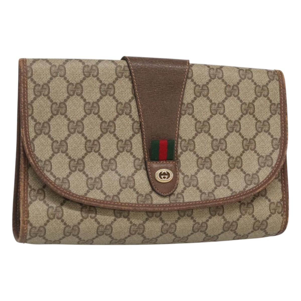 GUCCI GG Supreme Web Sherry Line Clutch Bag PVC Beige Gold 89 01 030 Auth 126165