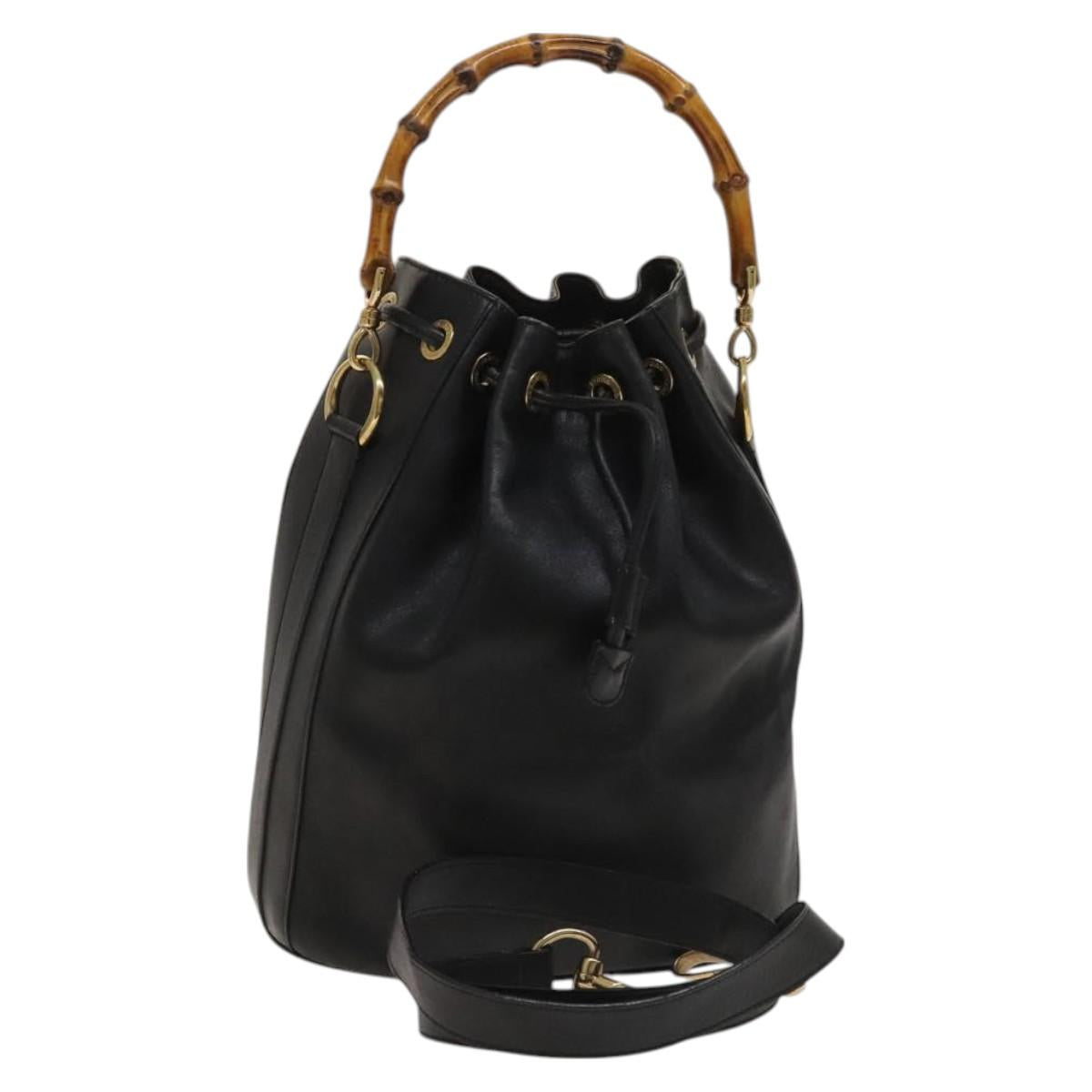 GUCCI Bamboo Hand Bag Leather 2way Black Gold 001 2855 1657 0 Auth 126167