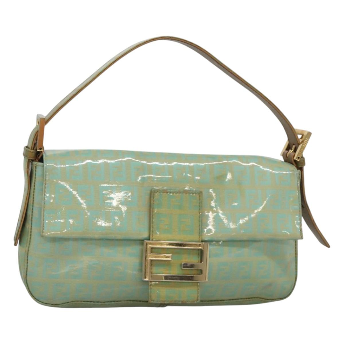 FENDI Zucchino Canvas Mamma Baguette Shoulder Bag Enamel Green Gold Auth 126178