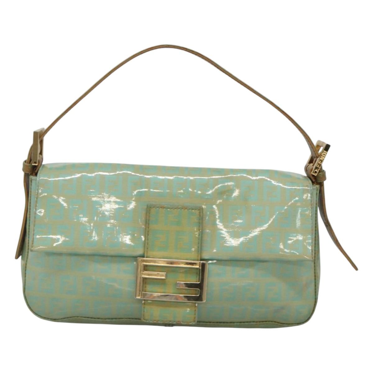 FENDI Zucchino Canvas Mamma Baguette Shoulder Bag Enamel Green Gold Auth 126178