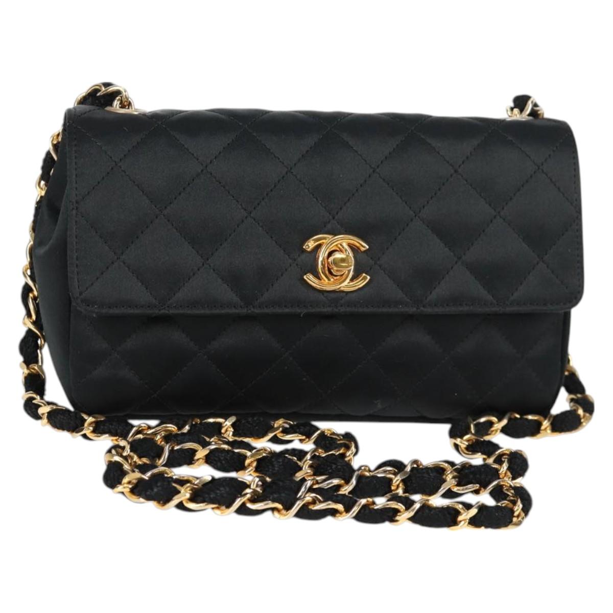 CHANEL Matelasse Chain Shoulder Bag Satin Black Gold CC Auth 126240V