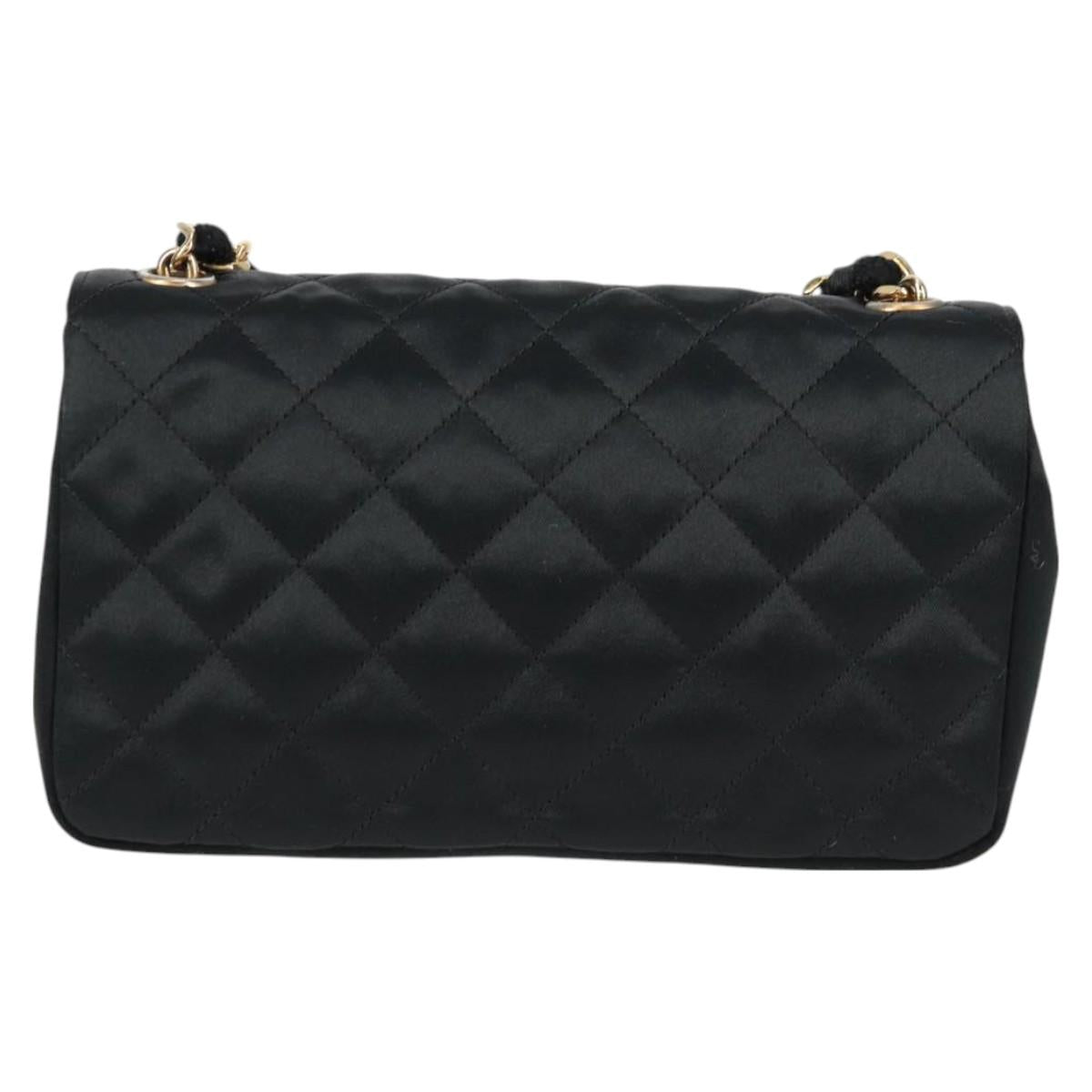 CHANEL Matelasse Chain Shoulder Bag Satin Black Gold CC Auth 126240V