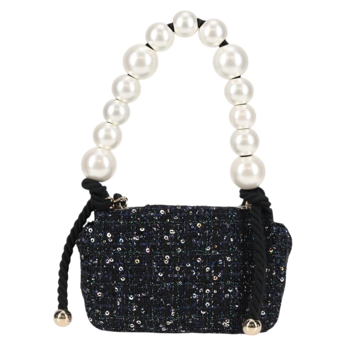 CHANEL Chain Pearl Shoulder Bag Tweed Navy Gold black CC Auth 126241SM