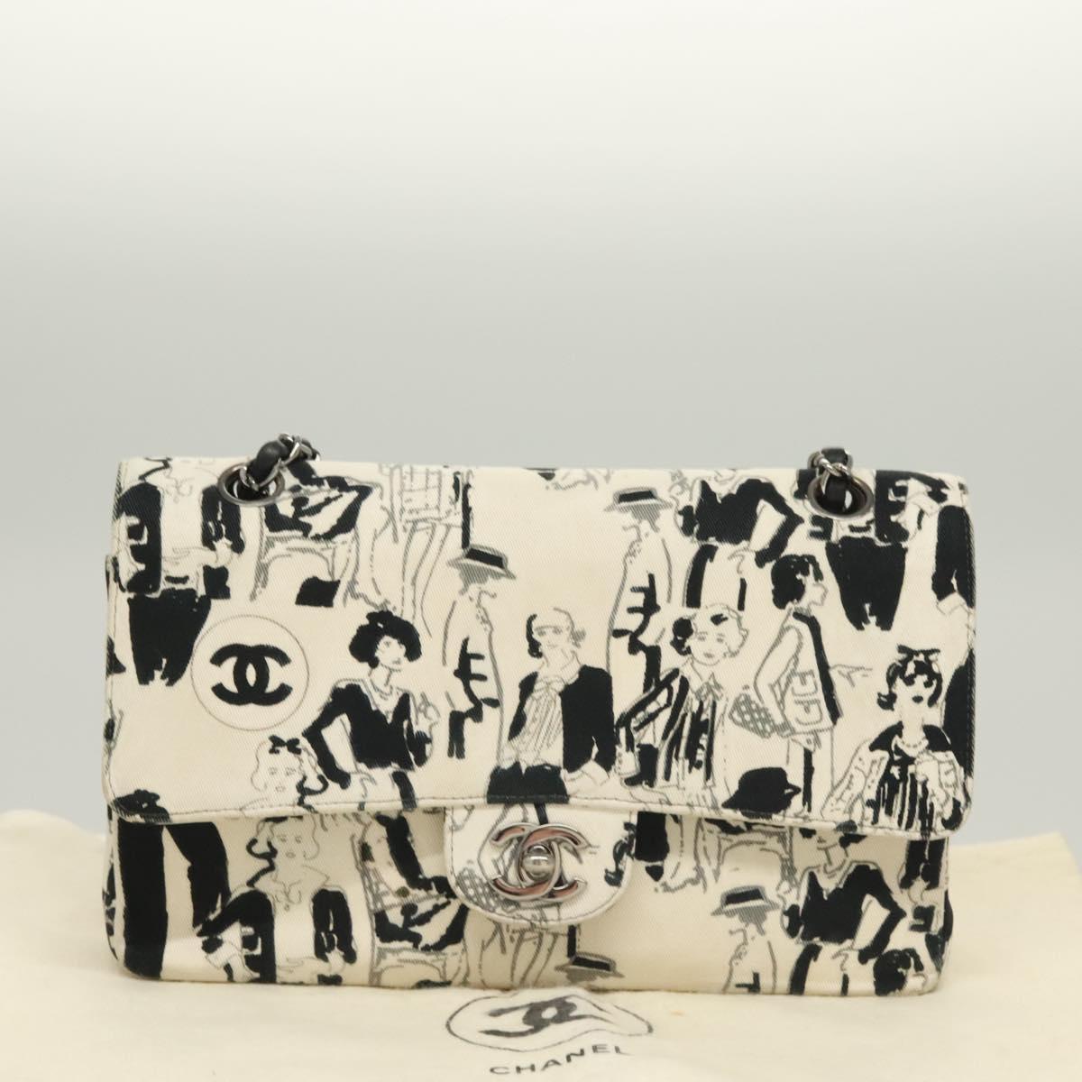 CHANEL Matelasse 25 Double Flap Chain Bag Canvas White Silver CC Auth 126243SV