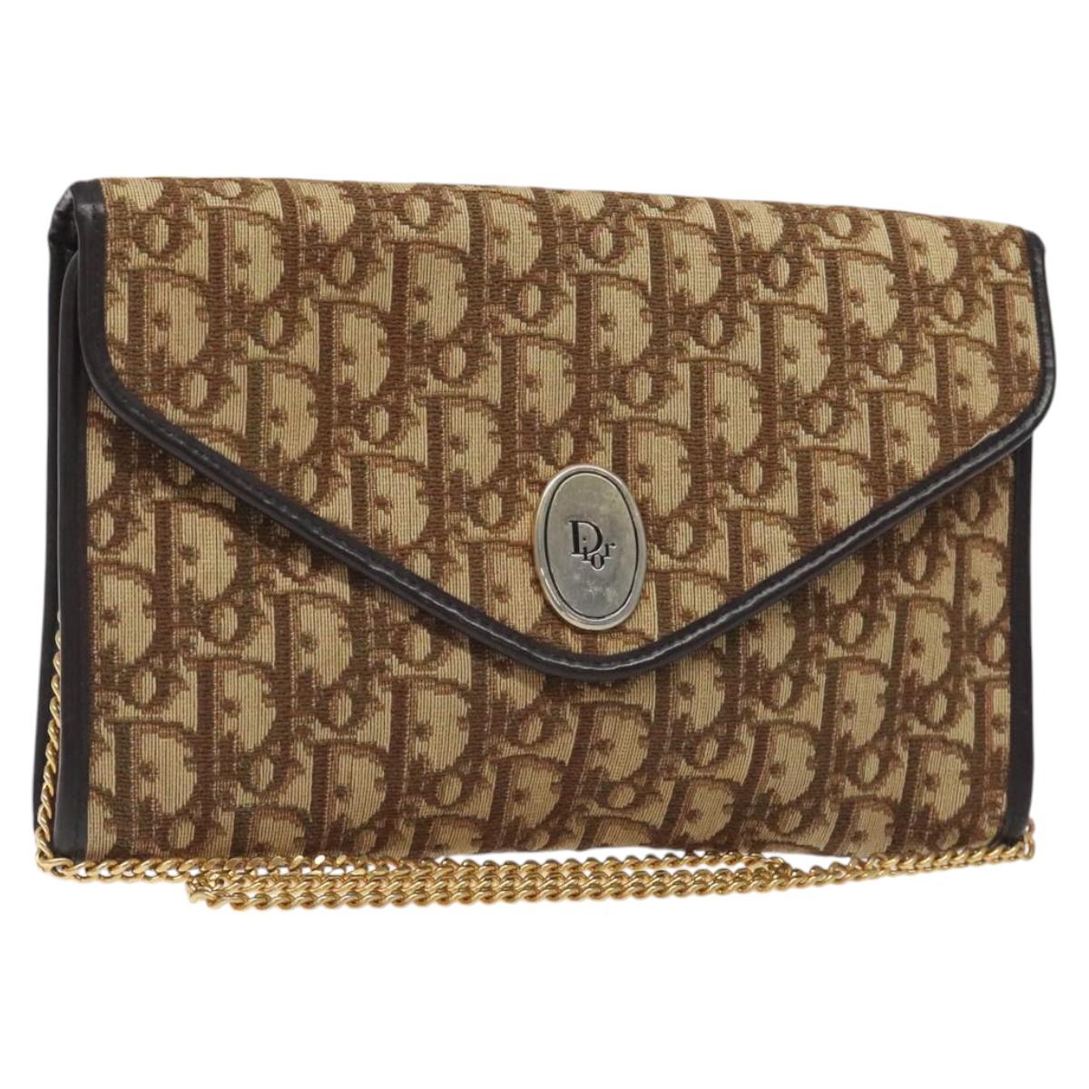 Christian Dior Trotter Canvas Chain Shoulder Bag Brown Gold Auth 126266