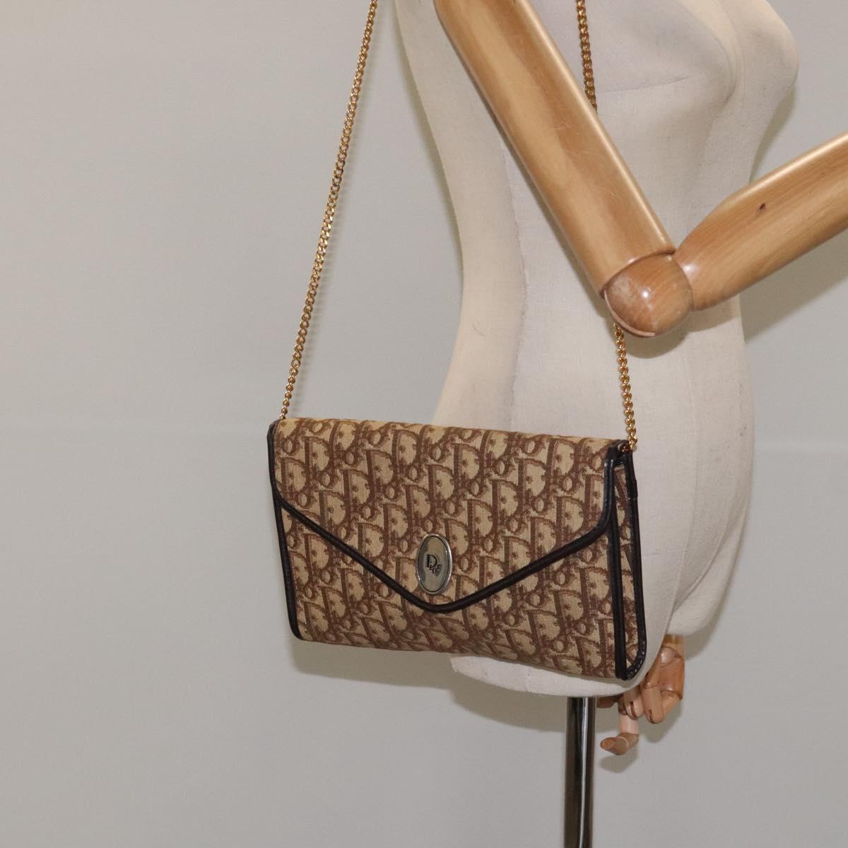 Christian Dior Trotter Canvas Chain Shoulder Bag Brown Gold Auth 126266