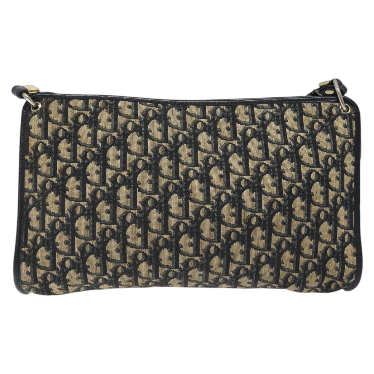Christian Dior Trotter Canvas Shoulder Bag Navy Gold Auth 126267