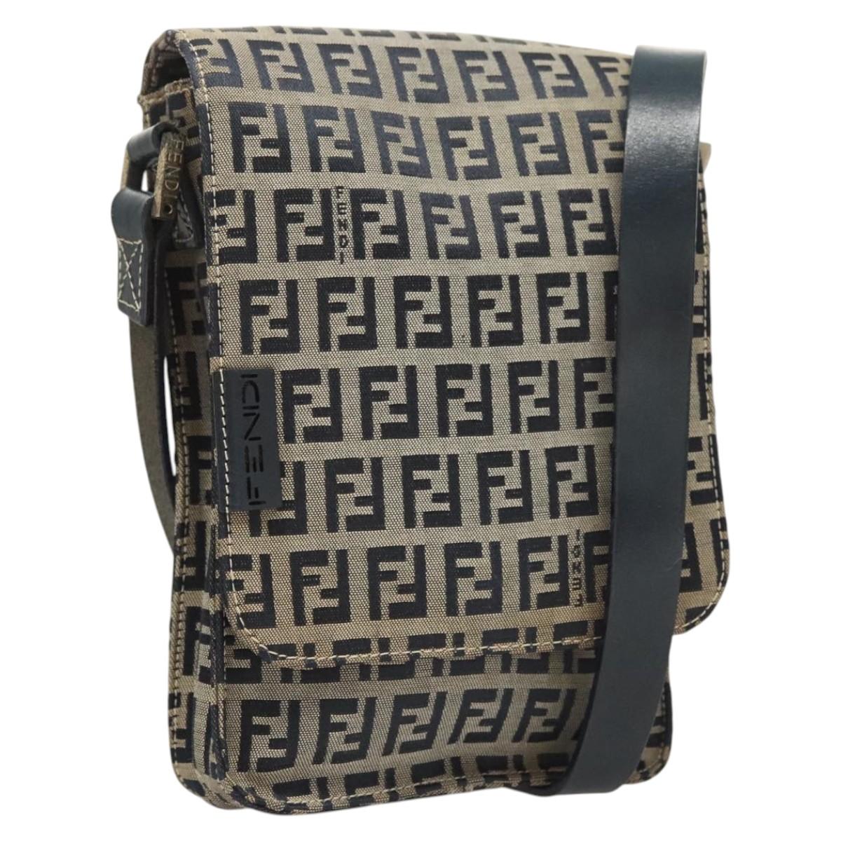 FENDI Zucchino Canvas Shoulder Bag Navy Gold Auth 126273