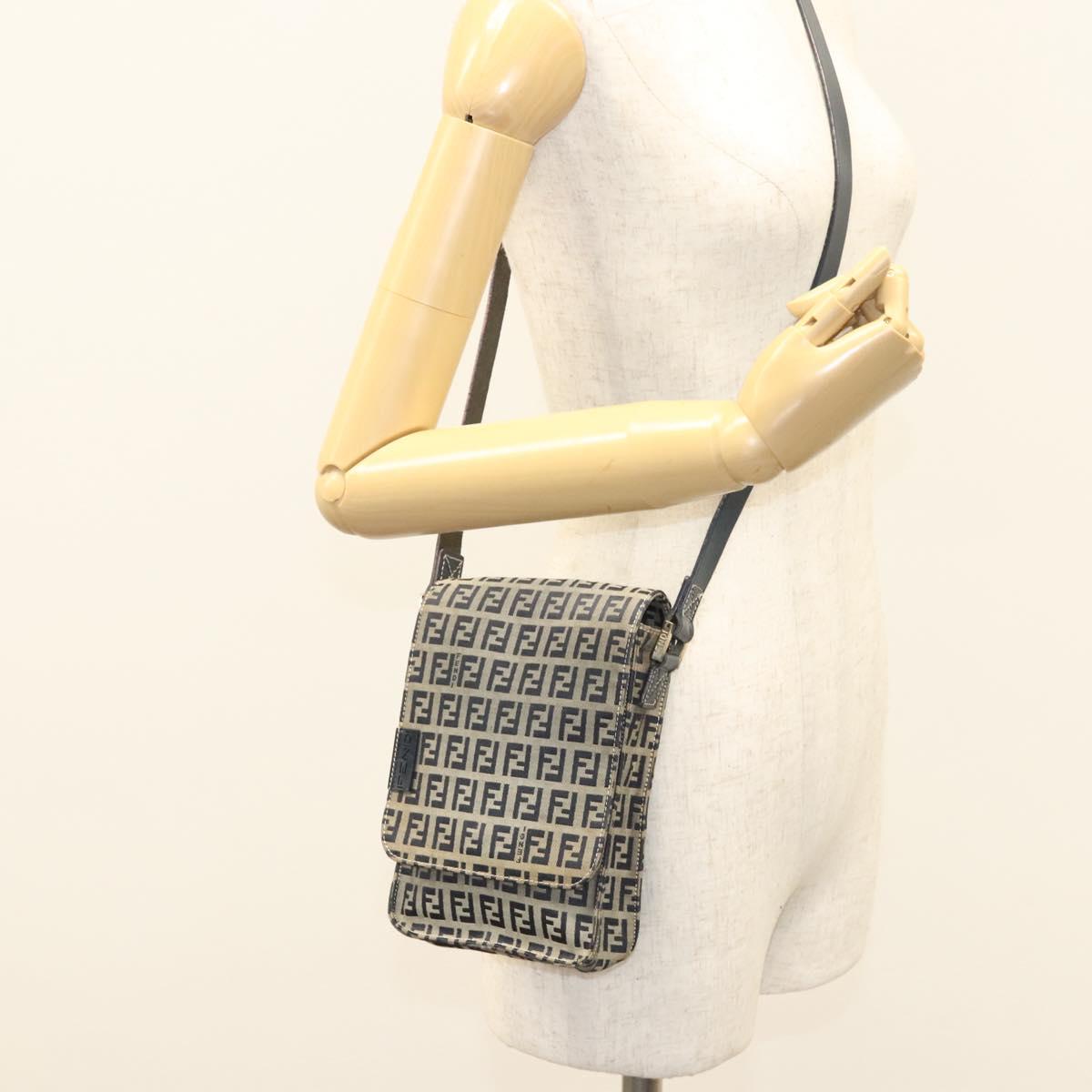 FENDI Zucchino Canvas Shoulder Bag Navy Gold Auth 126273A