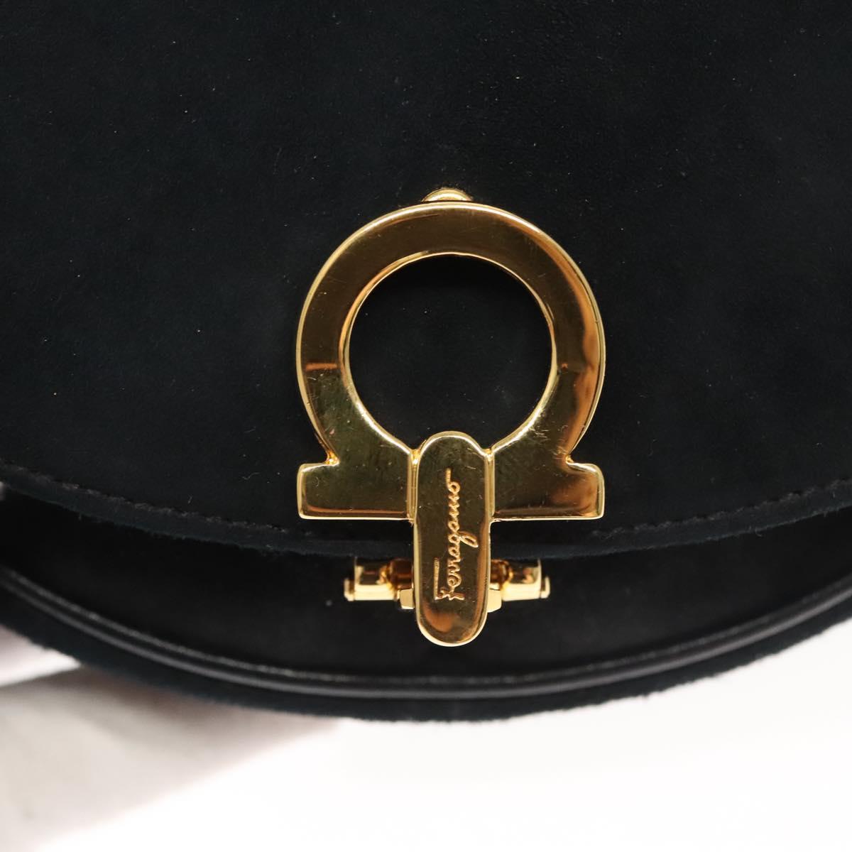 Salvatore Ferragamo Chain Gancini Shoulder Bag Suede Black Gold Auth 126274