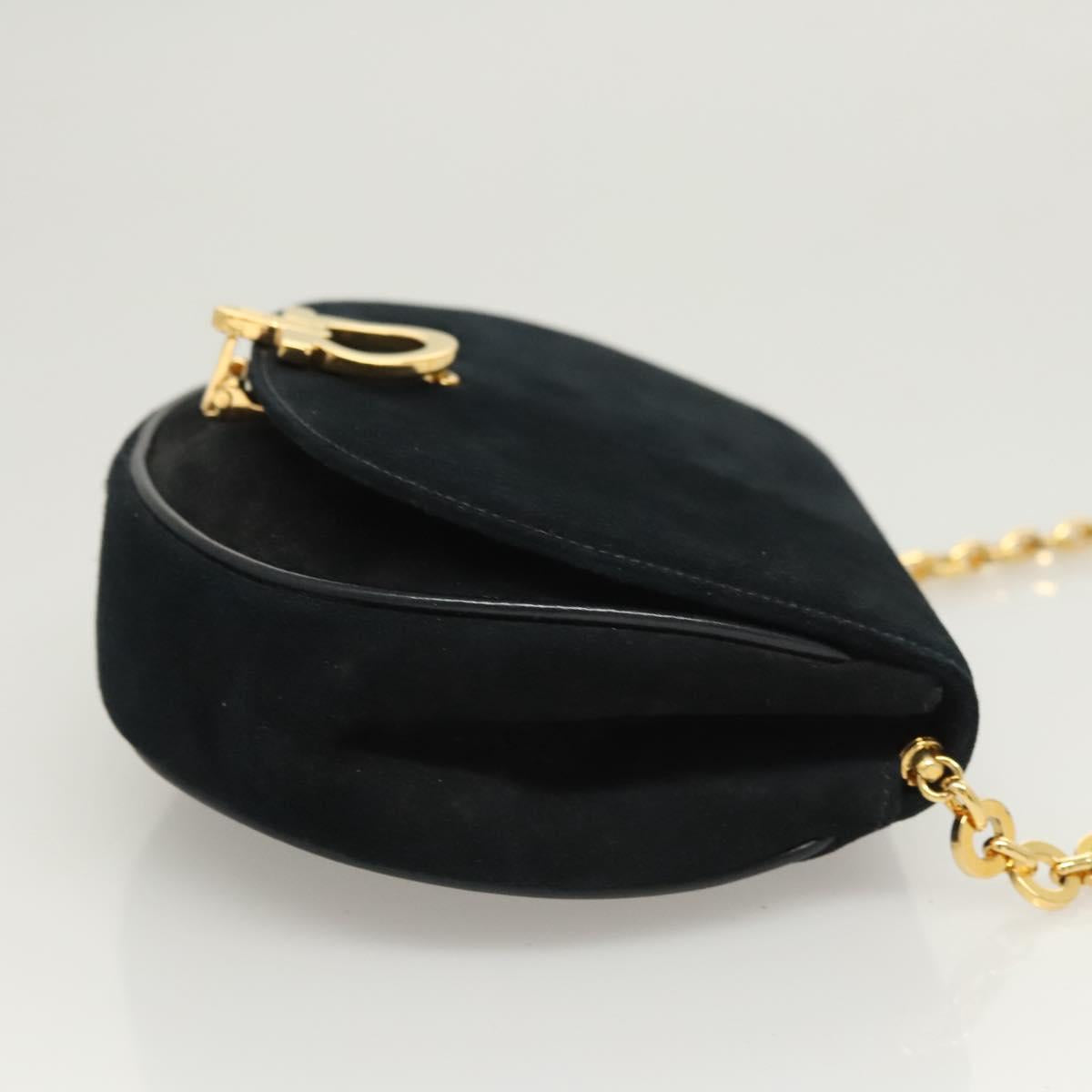 Salvatore Ferragamo Chain Gancini Shoulder Bag Suede Black Gold Auth 126274