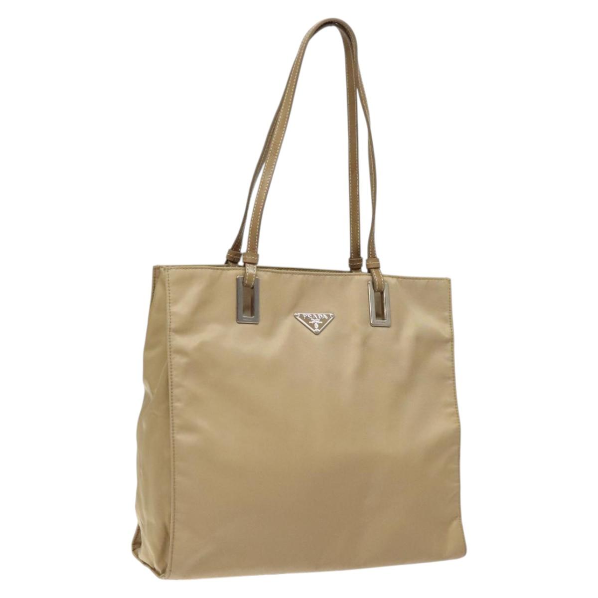 PRADA Tote Bag Nylon Beige Silver Auth 126300