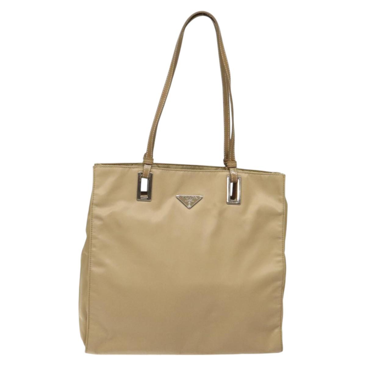 PRADA Tote Bag Nylon Beige Silver Auth 126300