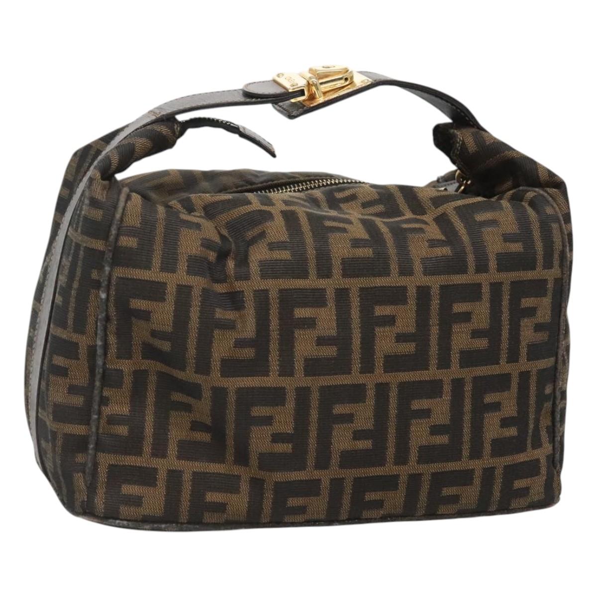 FENDI Zucca Canvas Vanity Pouch Black Brown Gold Auth 126334