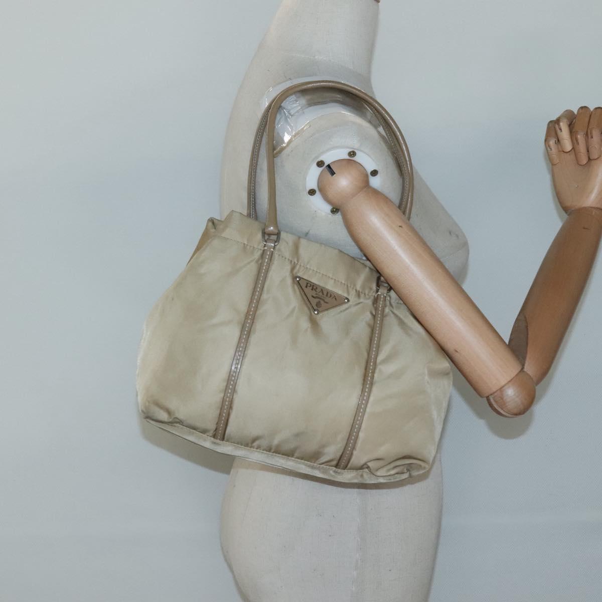 PRADA Hand Bag Nylon Beige Silver Auth 126335