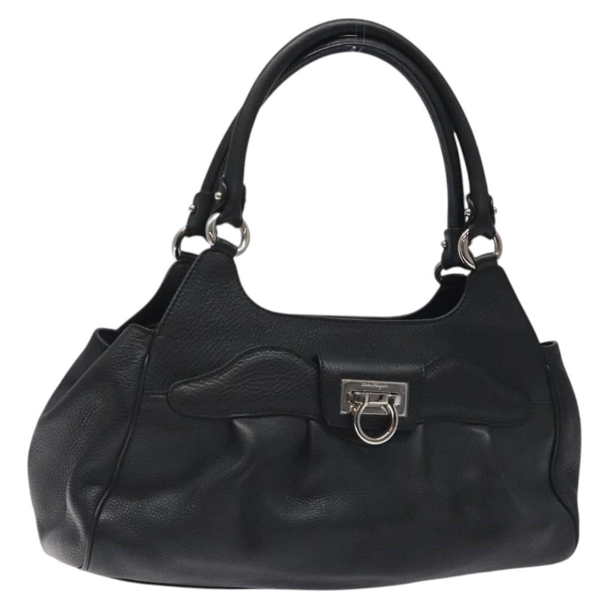 Salvatore Ferragamo Gancini Hand Bag Leather Black Silver Auth 126336