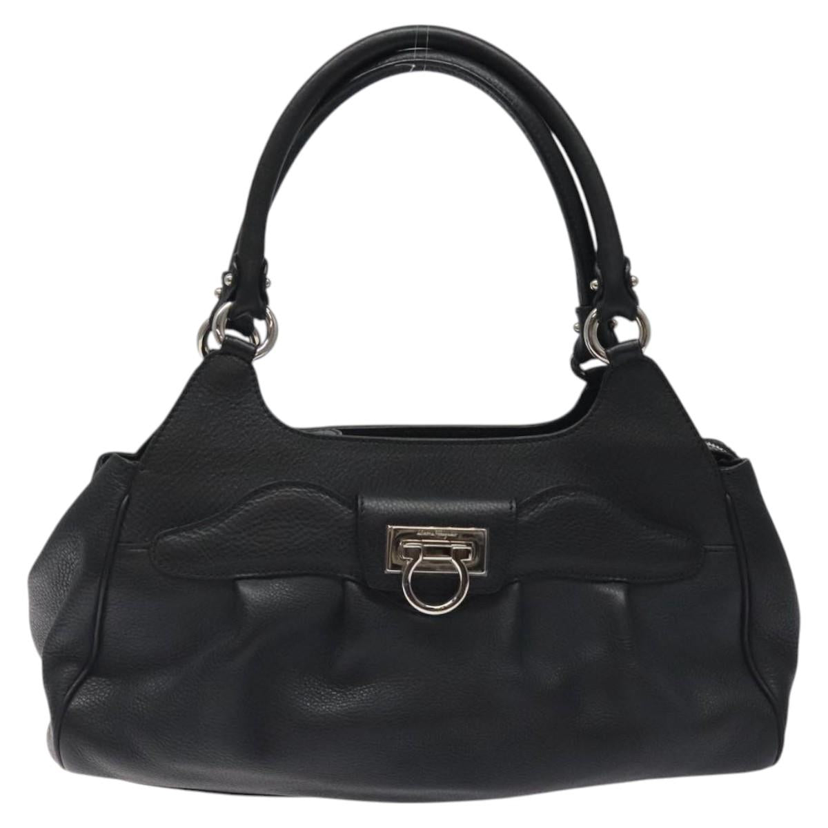 Salvatore Ferragamo Gancini Hand Bag Leather Black Silver Auth 126336