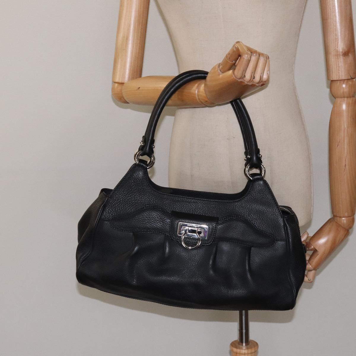 Salvatore Ferragamo Gancini Hand Bag Leather Black Silver Auth 126336