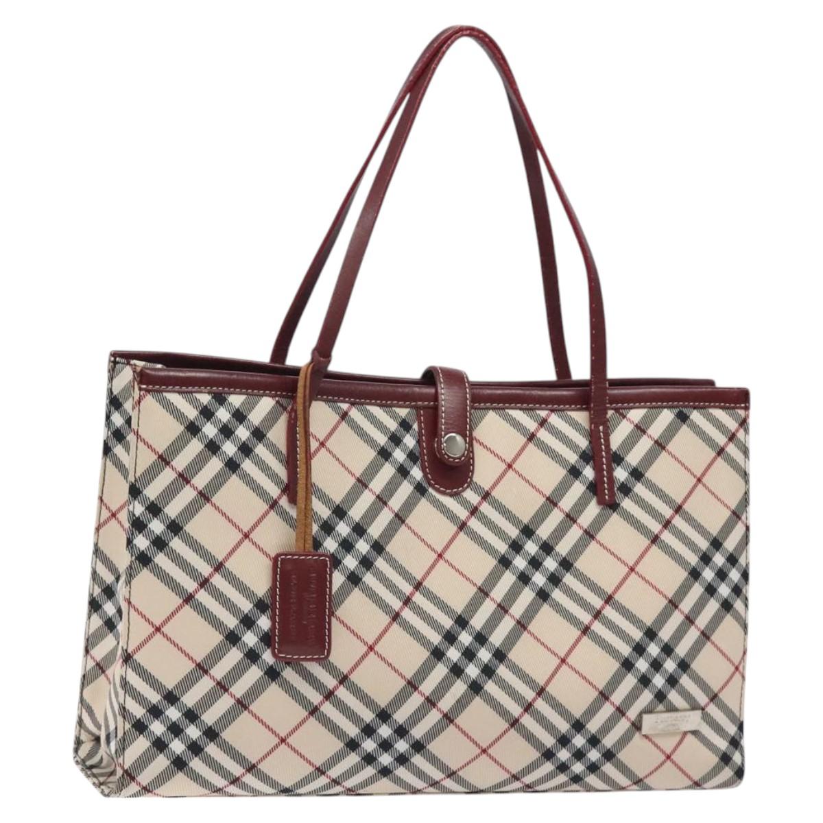 BURBERRY Nova Check Blue Label Tote Bag Nylon Beige Silver Auth 126337