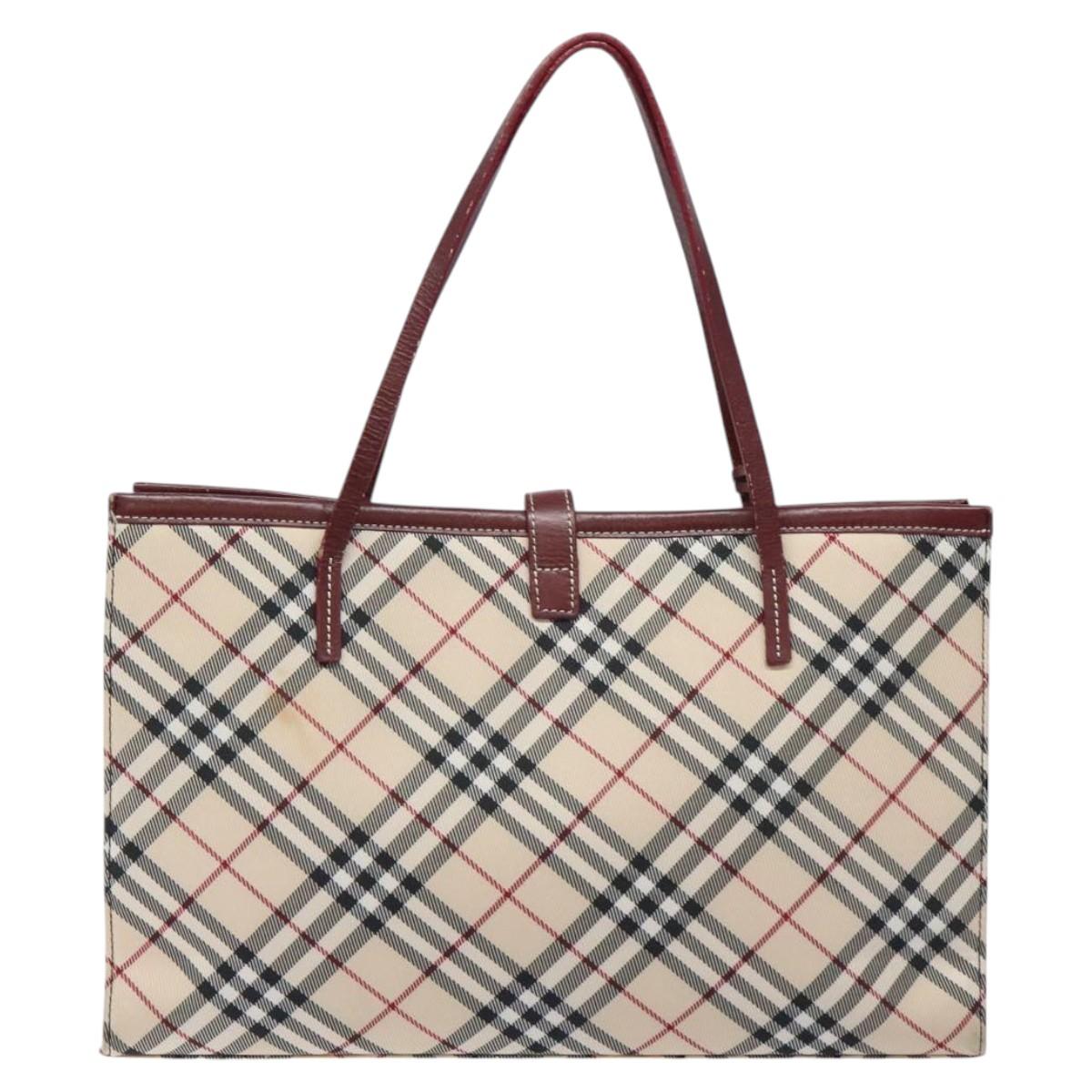 BURBERRY Nova Check Blue Label Tote Bag Nylon Beige Silver Auth 126337