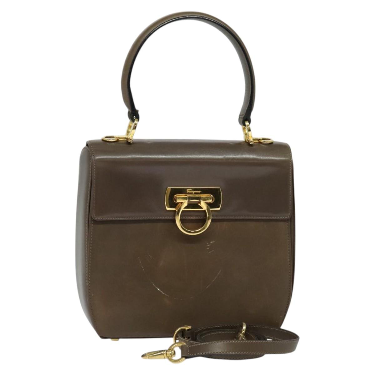 Salvatore Ferragamo Gancini Hand Bag Leather 2way Brown Gold Auth 126367