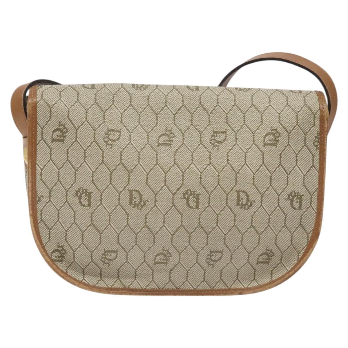 Christian Dior Honeycomb Canvas Shoulder Bag PVC Beige Gold Auth 126373