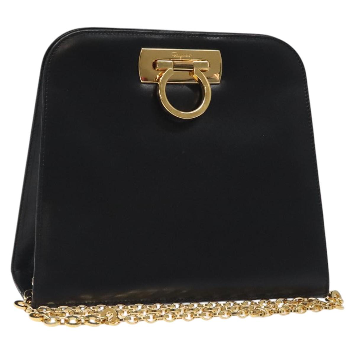 Salvatore Ferragamo Gancini Chain Shoulder Bag Leather Black Gold Auth 126376