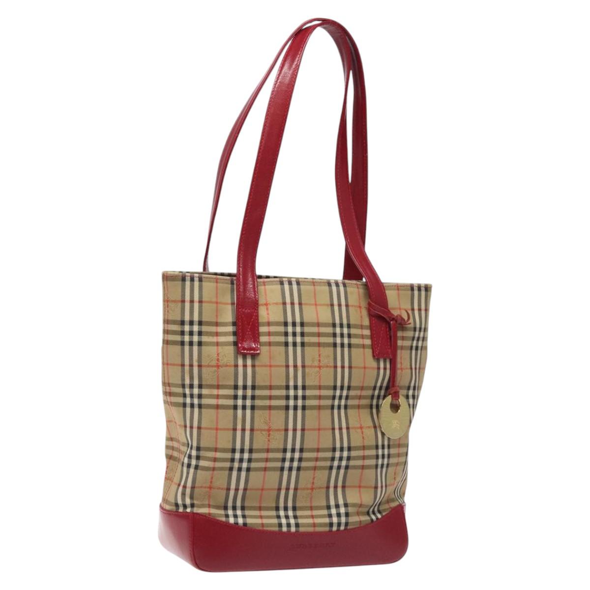 BURBERRY Nova Check Tote Bag Canvas Red Beige gold Auth 126393