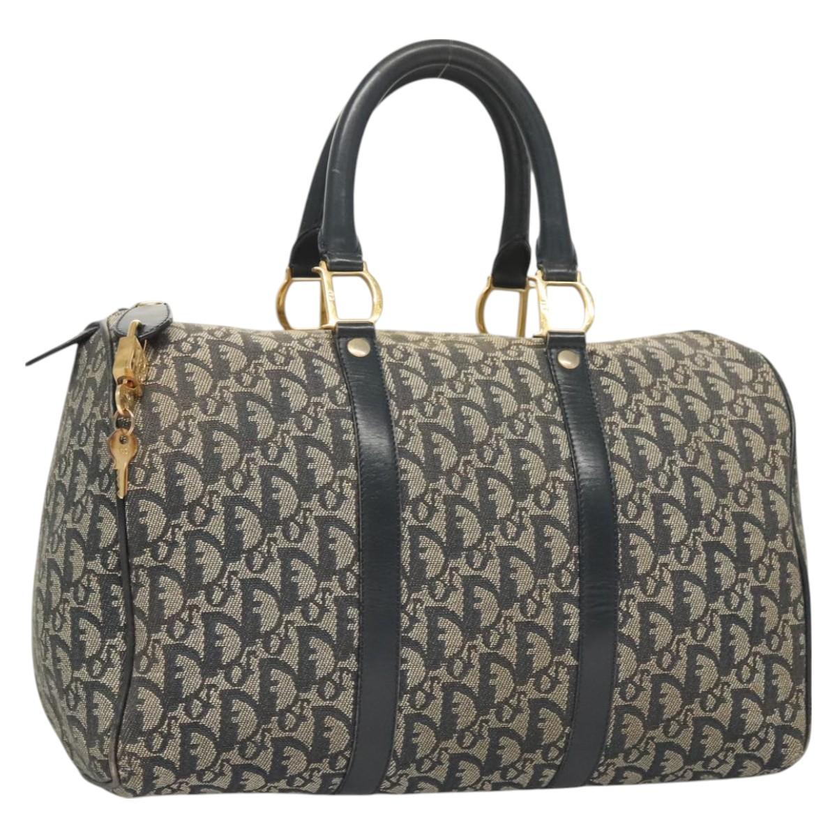 Christian Dior Trotter Canvas Boston Bag Navy Gold Auth 126426