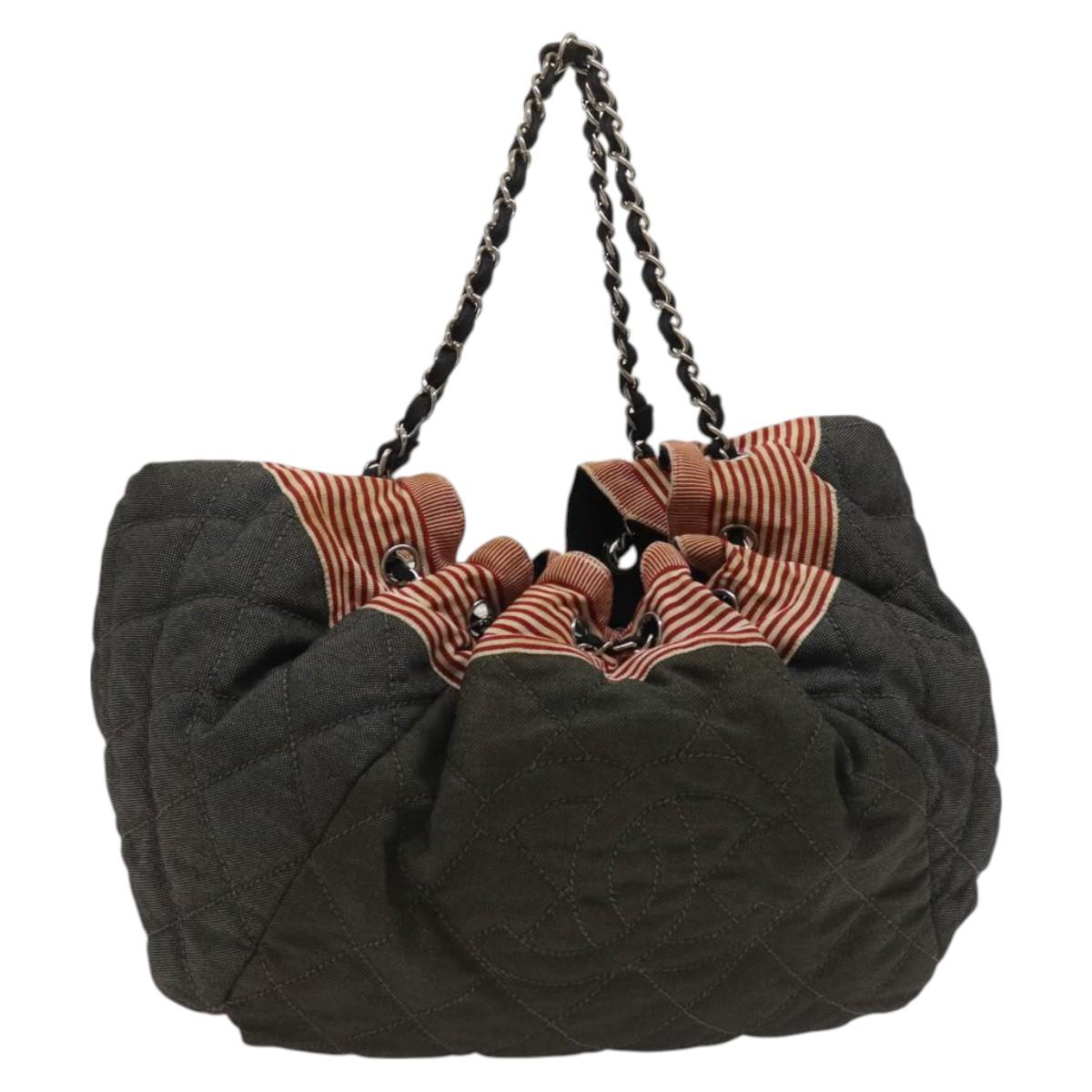 CHANEL Coco Cabas GM Tote Bag Canvas Gray Silver CC Auth 126427