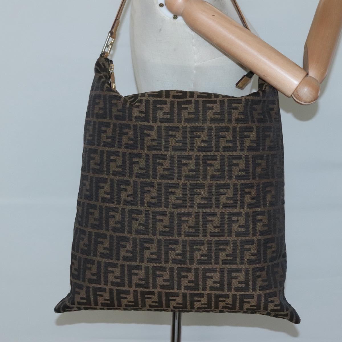 FENDI Zucca Canvas Shoulder Bag Black Brown Auth 126525