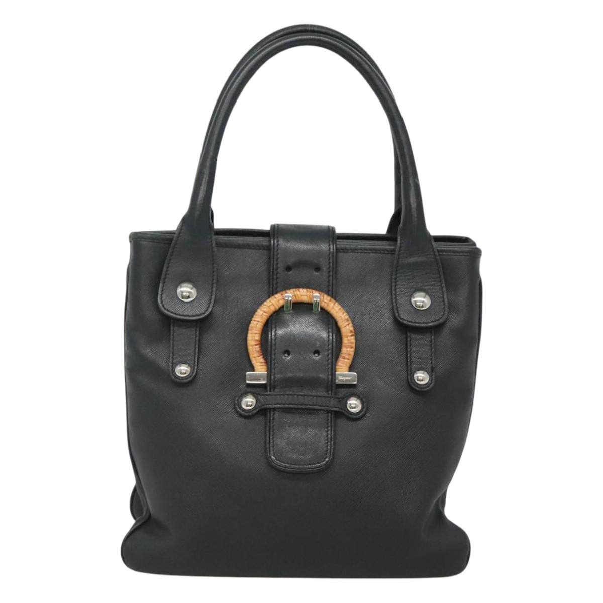 Salvatore Ferragamo Gancini Hand Bag Leather Black Silver Auth 126582