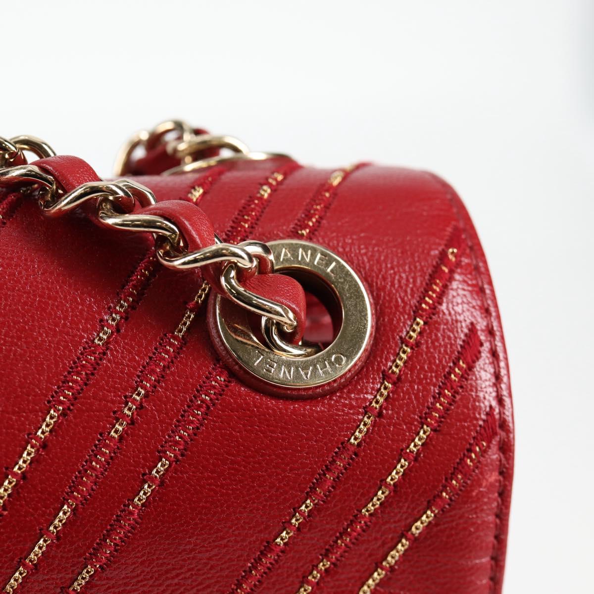 CHANEL Chain V Stitch Shoulder Bag Lamb Skin Red Gold CC Auth 126605SM