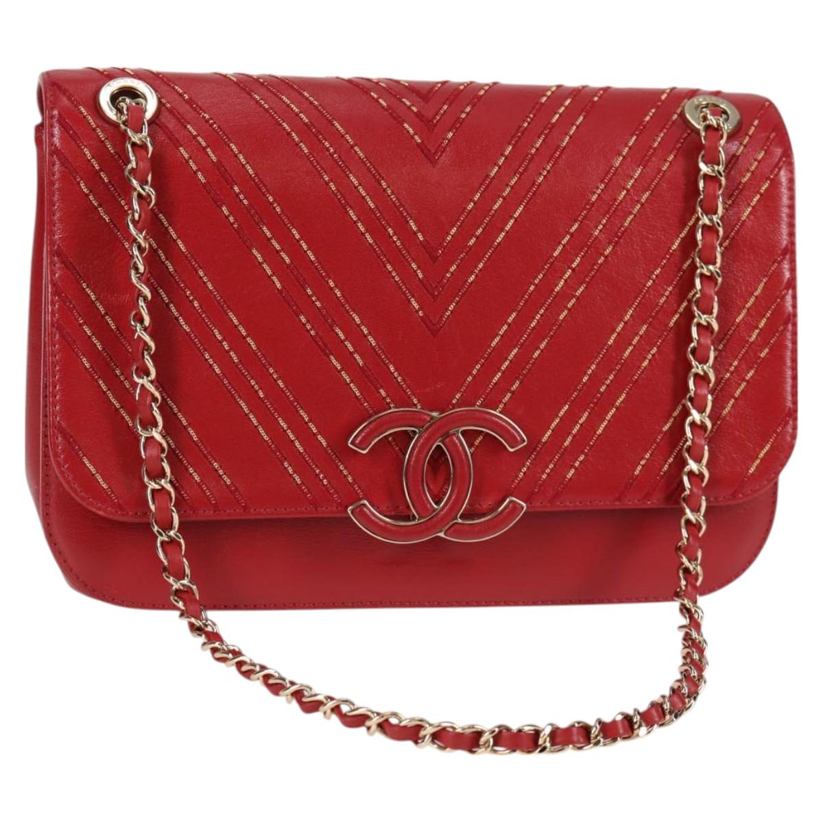 CHANEL Chain V Stitch Shoulder Bag Lamb Skin Red Gold CC Auth 126605SM
