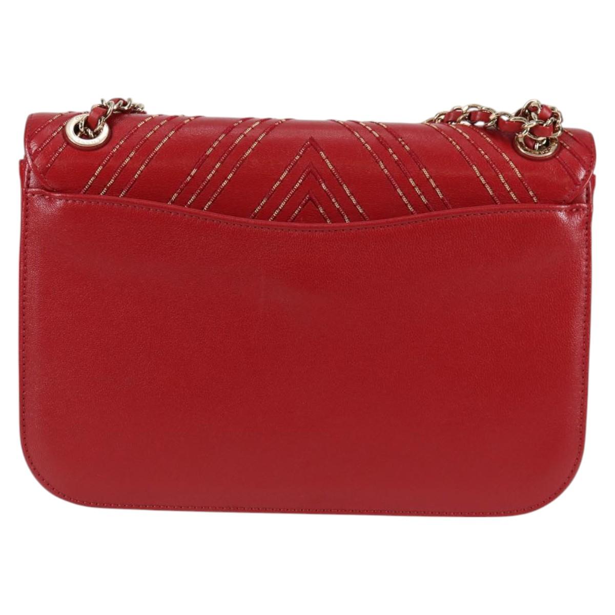 CHANEL Chain V Stitch Shoulder Bag Lamb Skin Red Gold CC Auth 126605M