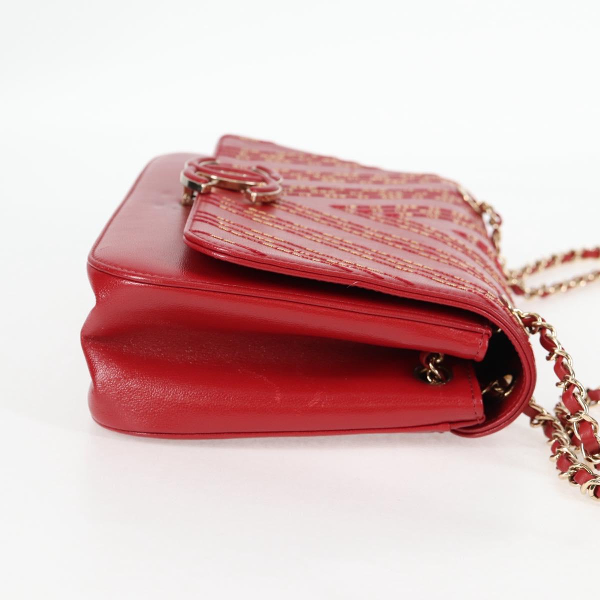 CHANEL Chain V Stitch Shoulder Bag Lamb Skin Red Gold CC Auth 126605SM