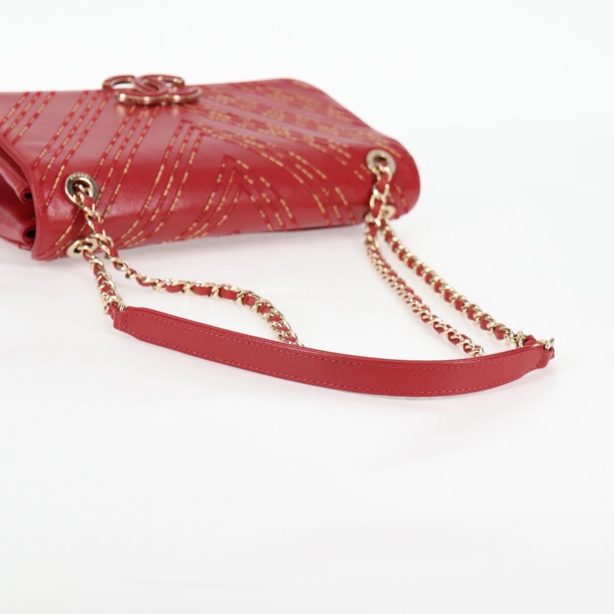 CHANEL Chain V Stitch Shoulder Bag Lamb Skin Red Gold CC Auth 126605SM