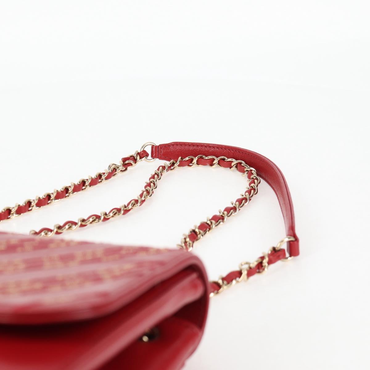 CHANEL Chain V Stitch Shoulder Bag Lamb Skin Red Gold CC Auth 126605SM