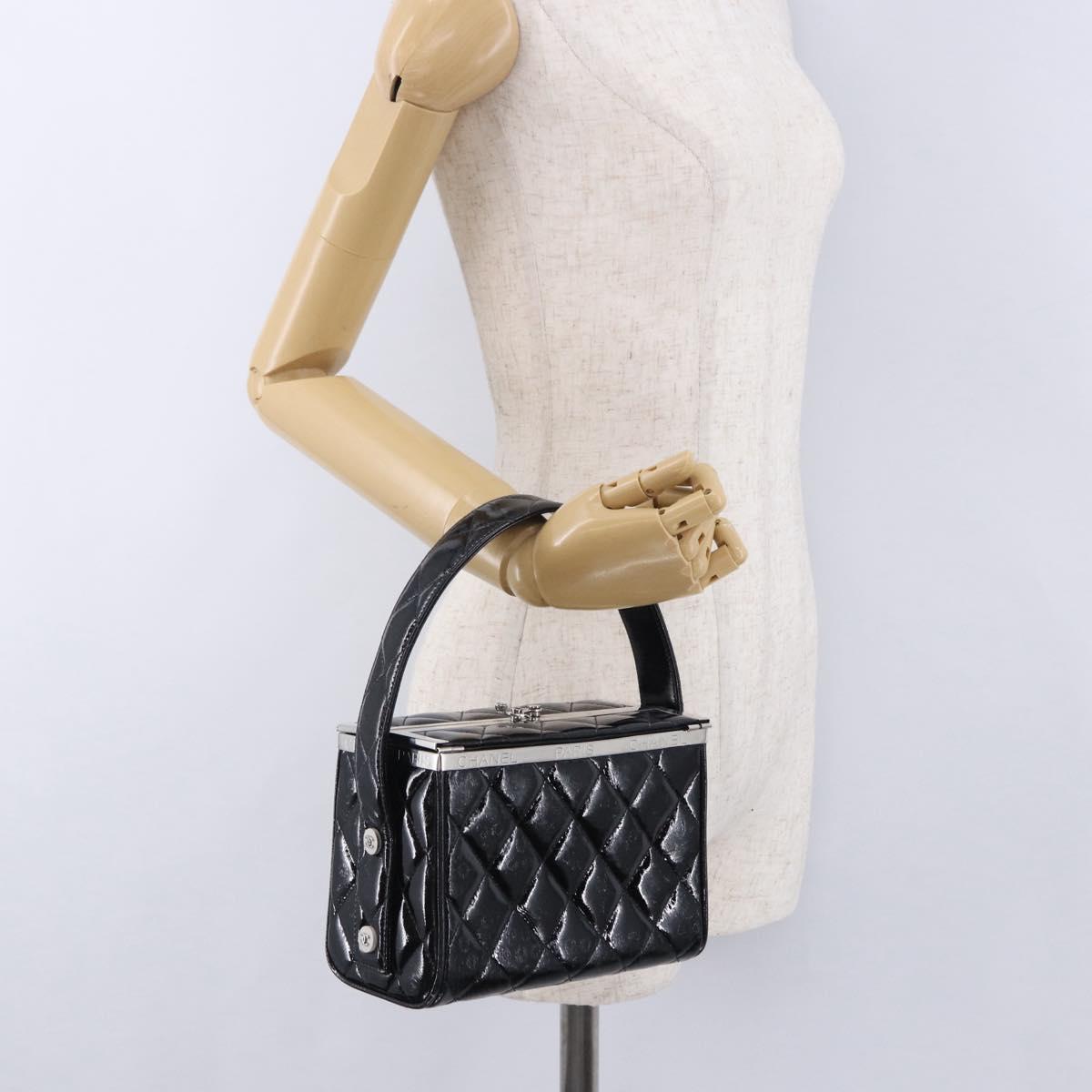 CHANEL Matelasse Hand Bag Enamel Black Silver CC Auth 126615
