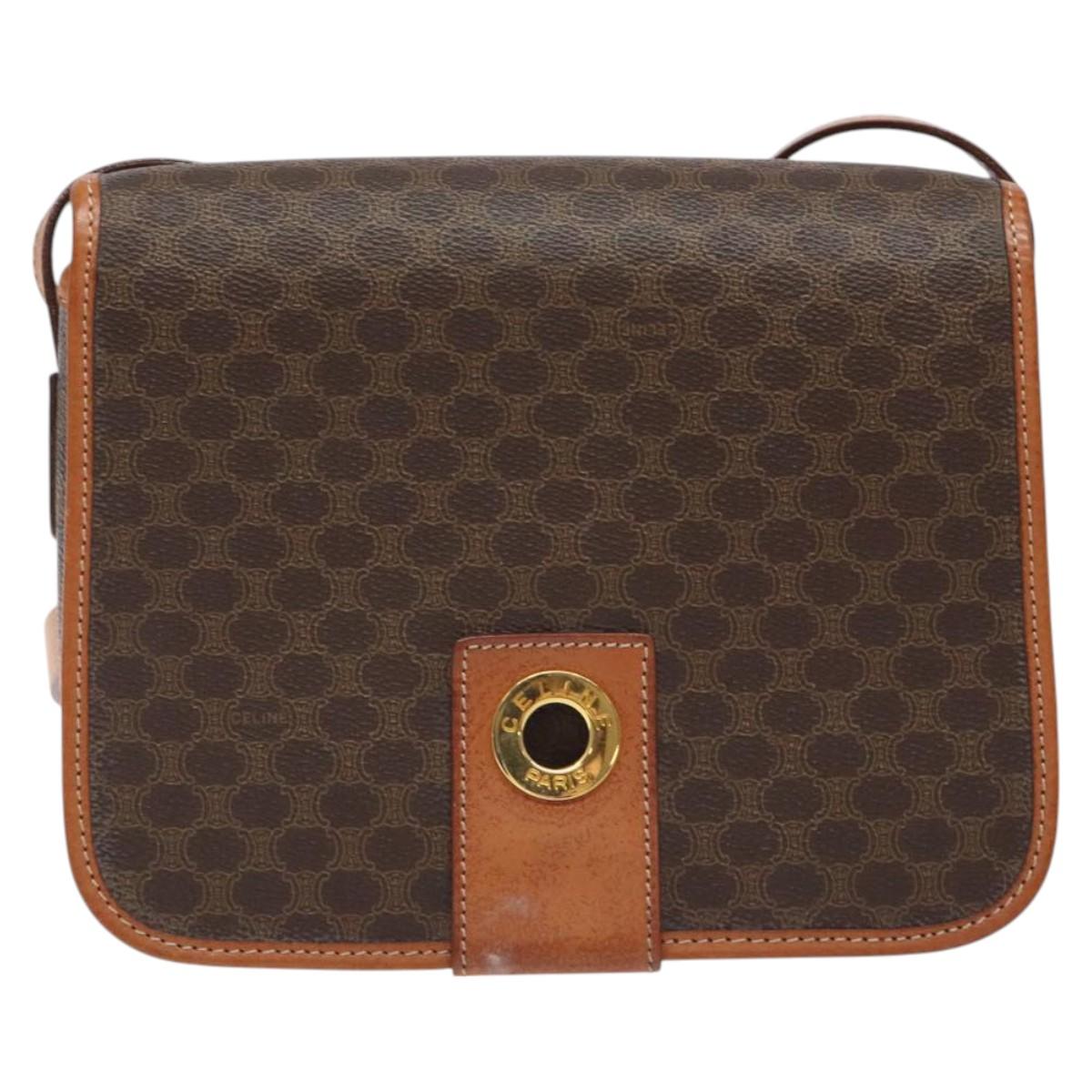CELINE Macadam Canvas Shoulder Bag PVC Leather Brown Gold Auth 126619