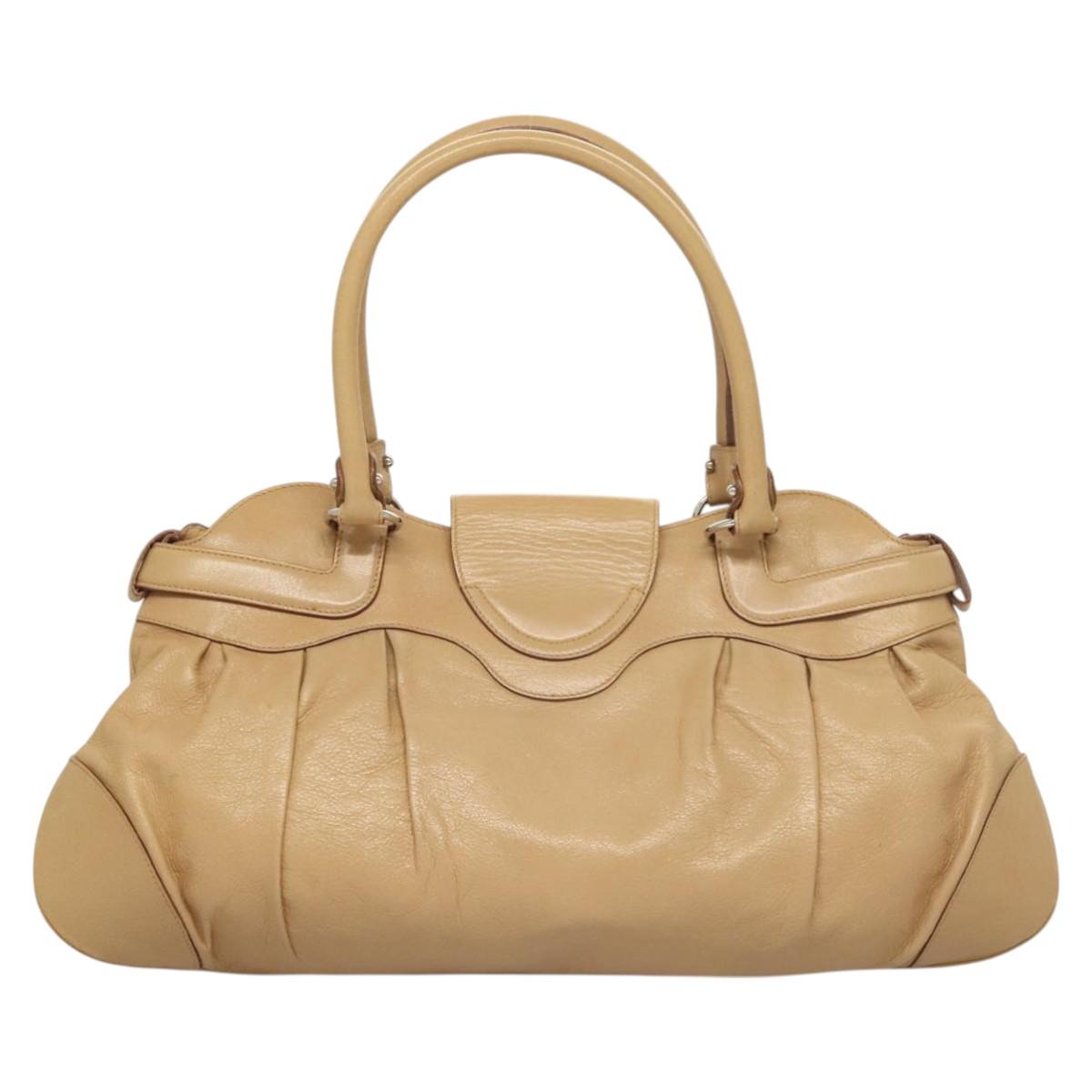 Salvatore Ferragamo Gancini Hand Bag Leather Beige Silver Auth 126621
