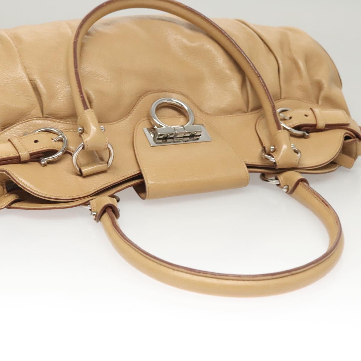 Salvatore Ferragamo Gancini Hand Bag Leather Beige Silver Auth 126621