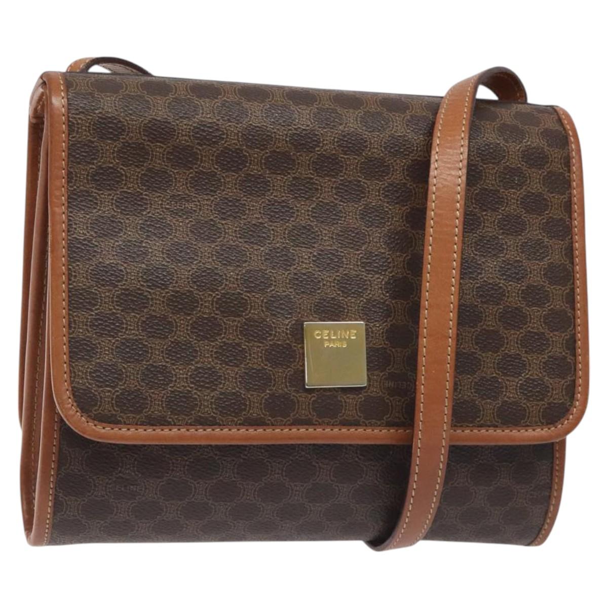 CELINE Macadam Canvas Shoulder Bag PVC Leather Brown Gold Auth 126660
