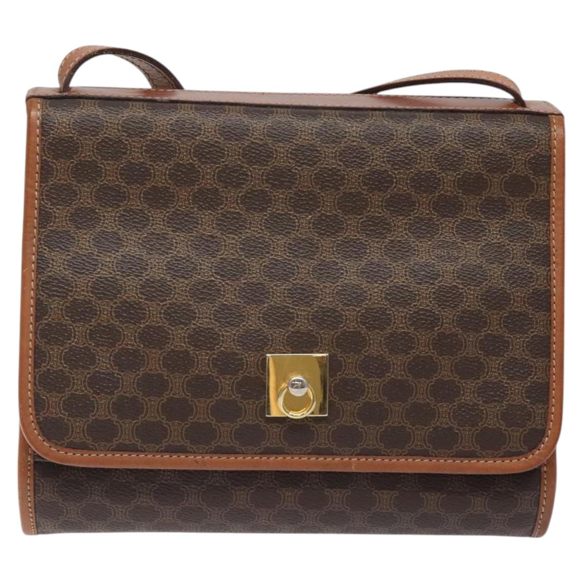CELINE Macadam Canvas Shoulder Bag PVC Leather Brown Gold Auth 126660